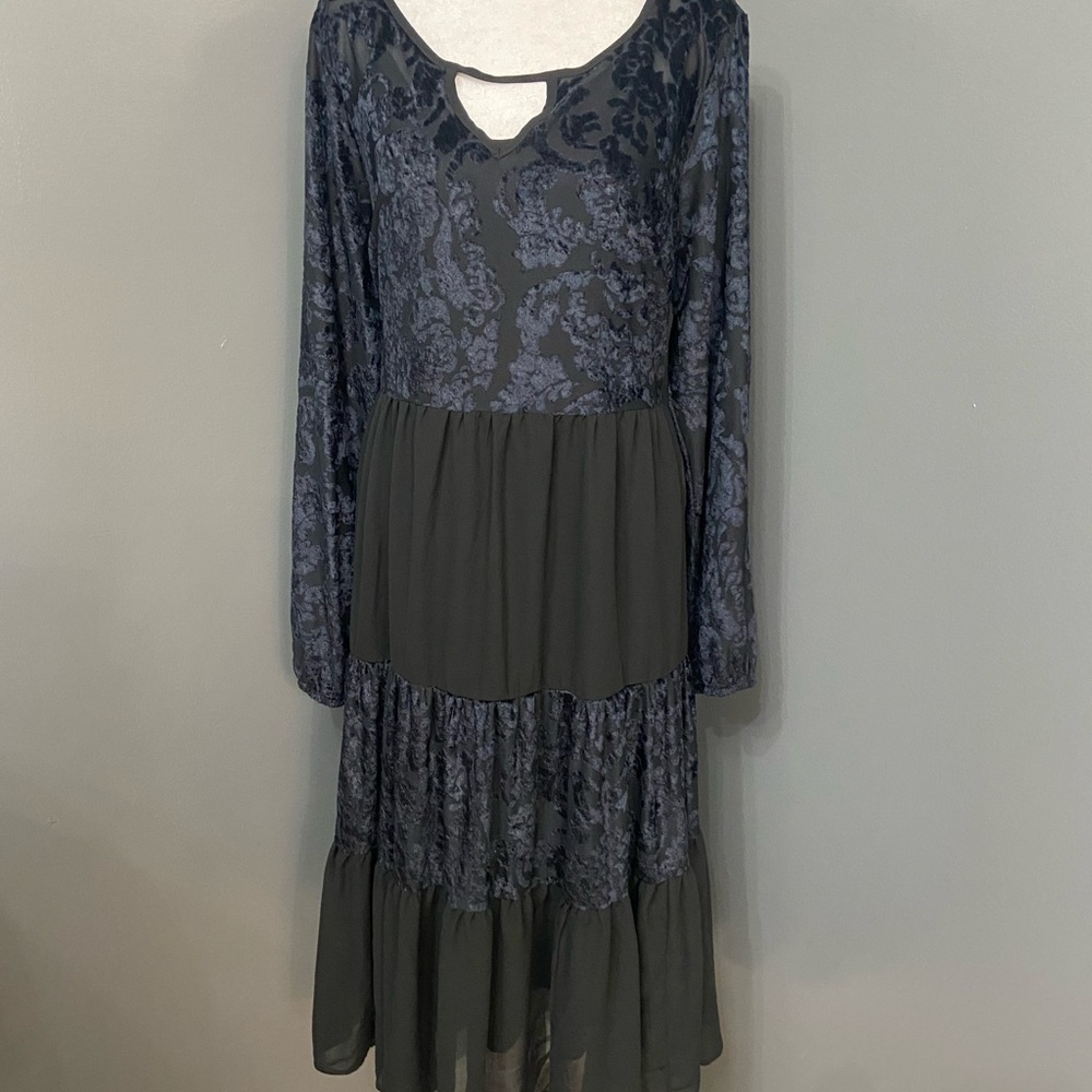 Velvet Burn Out Black/Blue Chiffon Tiered Midi Dress W/Slip Sheer Oversized L